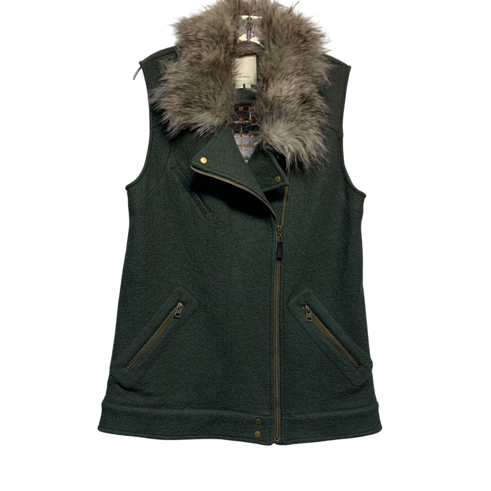 Elevenses Anthropologie Vest Medium Green Wool Faux Fur Crochet Moto Boho Fall